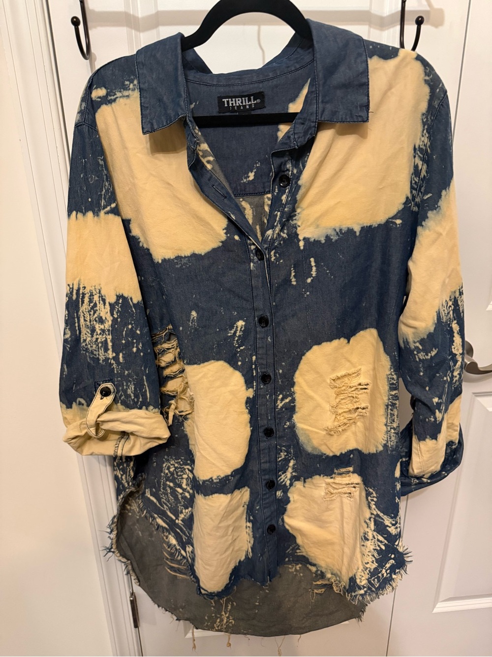 Thrill Bleach-Splatter Distressed Button-Down Shirt Jacket - Yellow & Blue